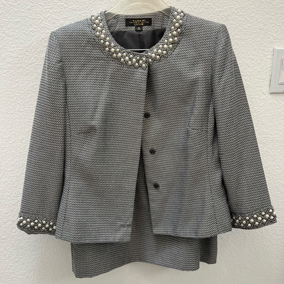 Tahari by ASL Luxe Beaded Blazer Jacket and Skirt Woven Metallic Gray White sz 8 - Picture 1 of 13